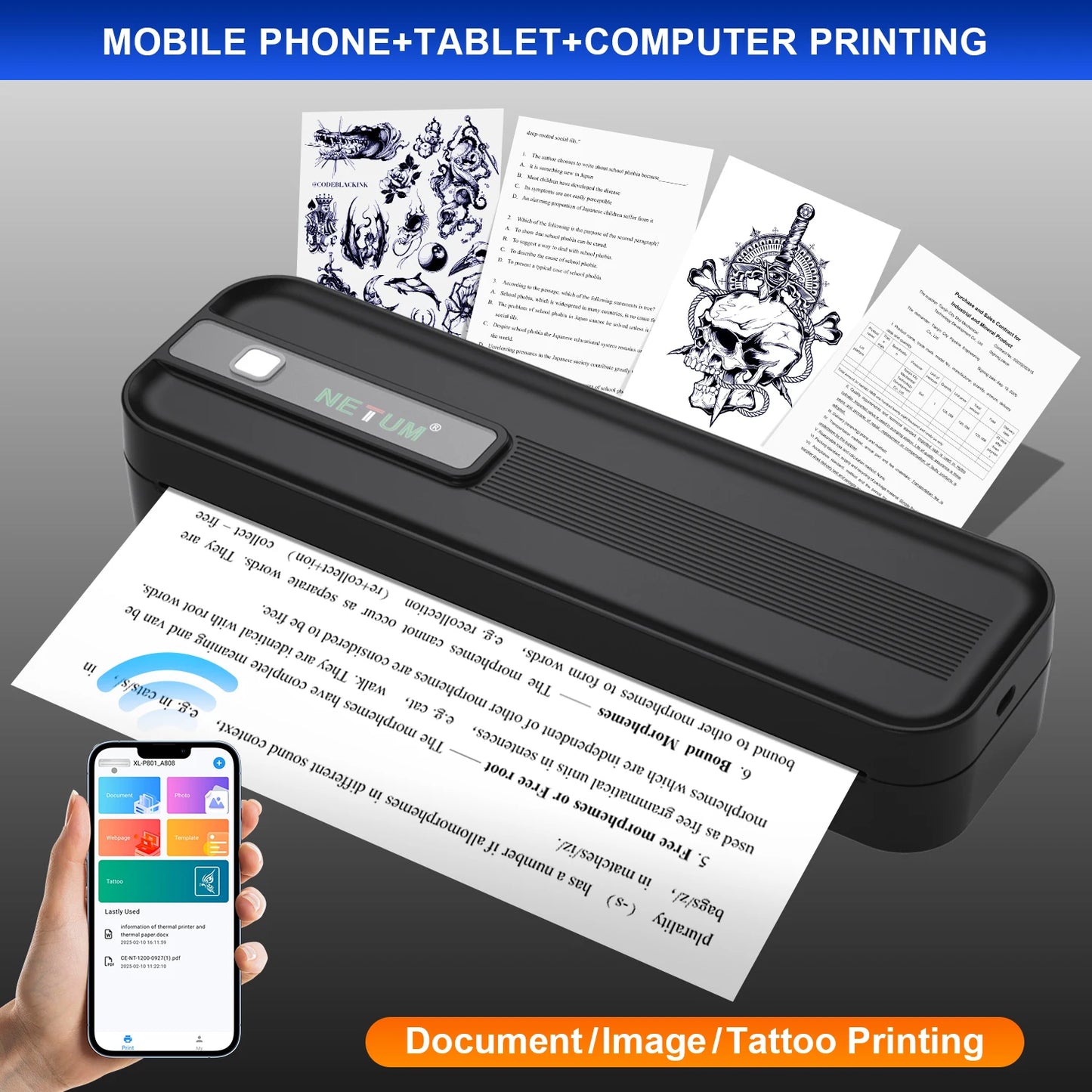Portable thermal A4 printer, student homework printer, Bluetooth enabled mobile phone connection, wireless small office printer