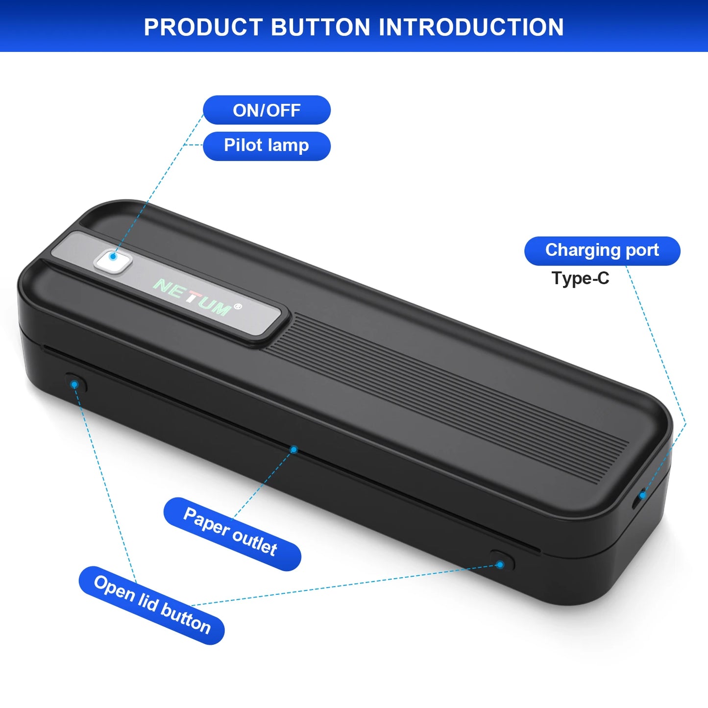 Portable thermal A4 printer, student homework printer, Bluetooth enabled mobile phone connection, wireless small office printer