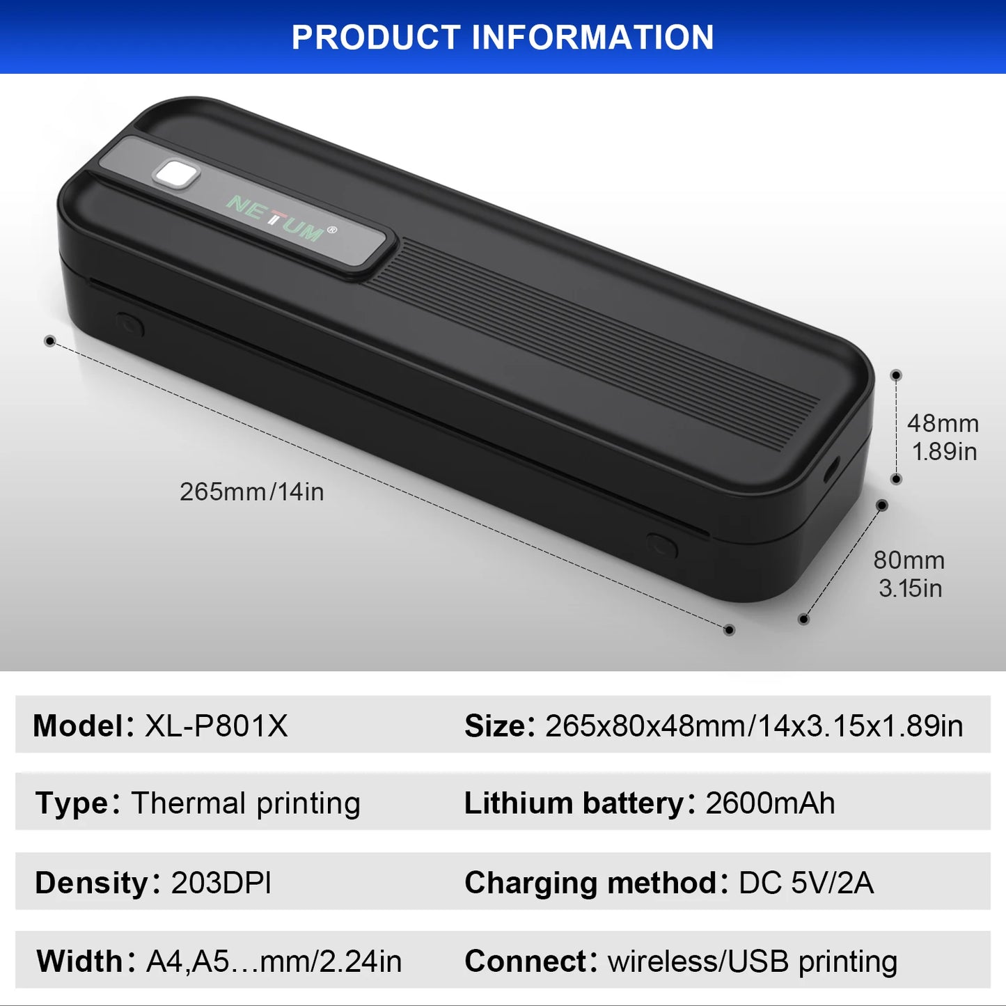 Portable thermal A4 printer, student homework printer, Bluetooth enabled mobile phone connection, wireless small office printer
