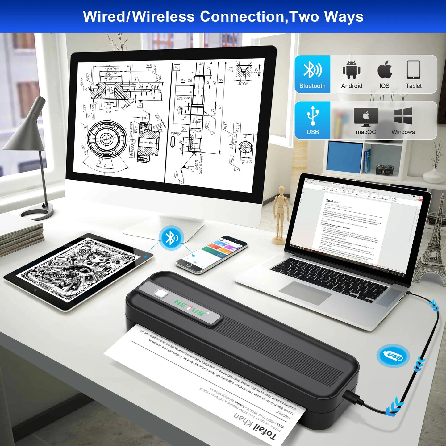 Portable thermal A4 printer, student homework printer, Bluetooth enabled mobile phone connection, wireless small office printer