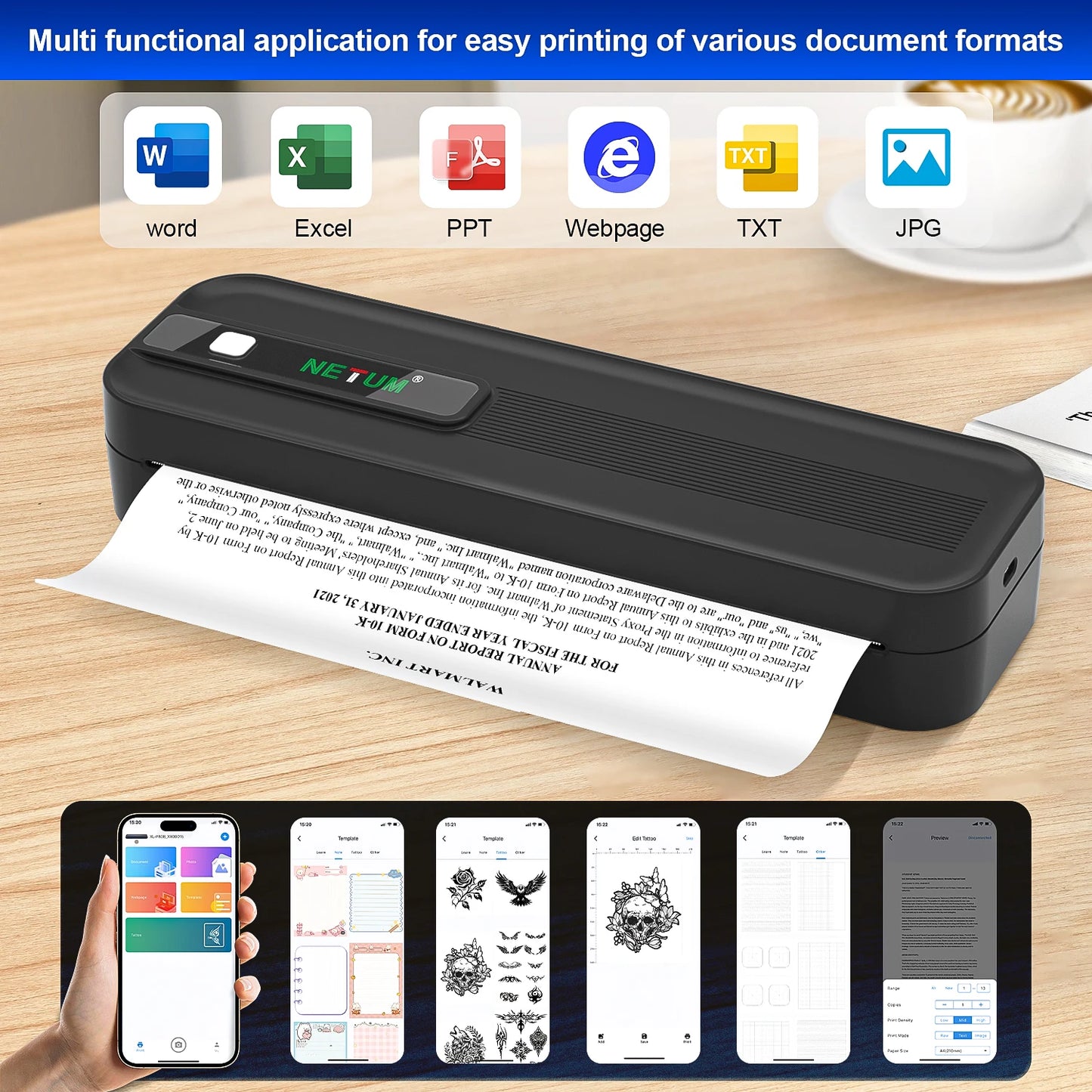 Portable thermal A4 printer, student homework printer, Bluetooth enabled mobile phone connection, wireless small office printer