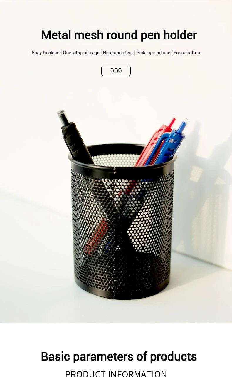 Deli Pencil Holder Office Desk Metal Mesh Square Round Pen Pot Cup Case Container Organiser Durable Pencil Case
