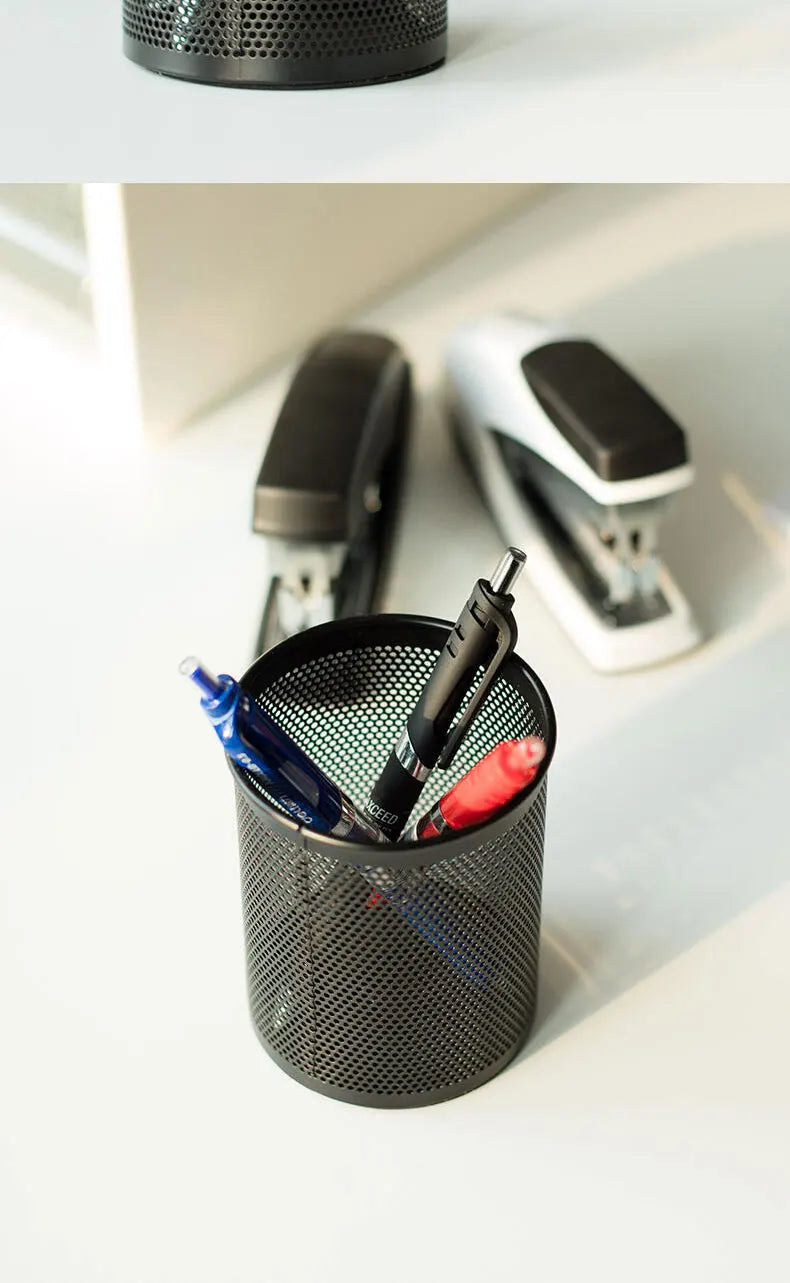 Deli Pencil Holder Office Desk Metal Mesh Square Round Pen Pot Cup Case Container Organiser Durable Pencil Case