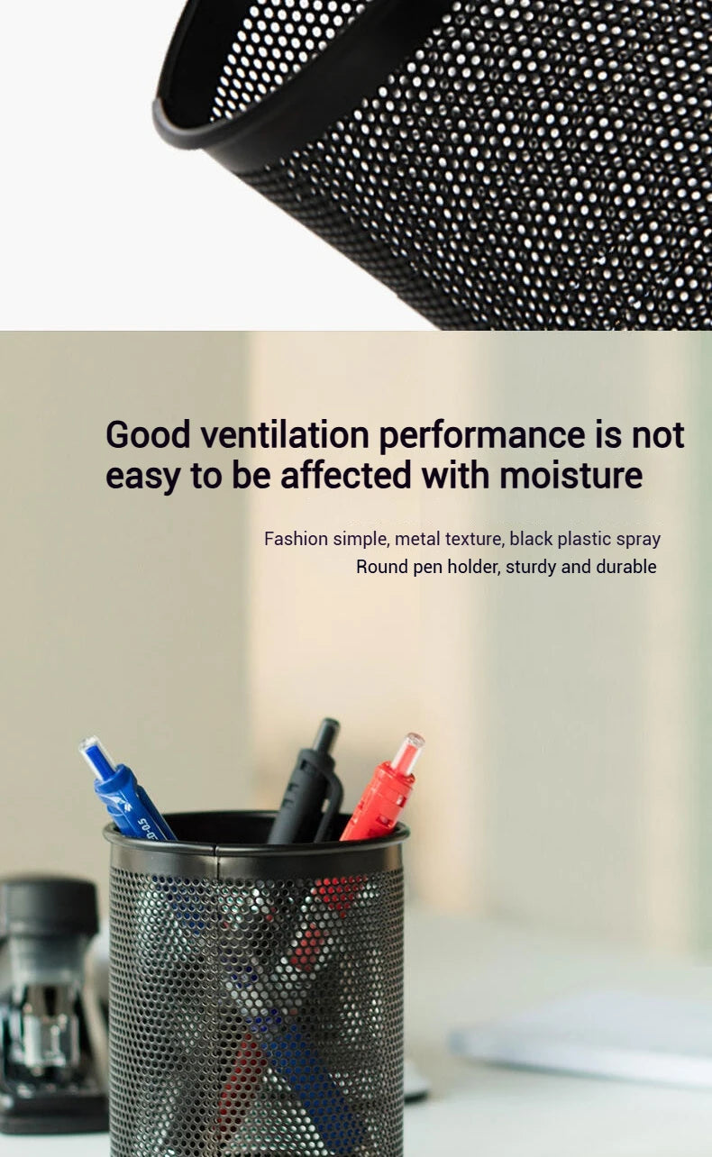 Deli Pencil Holder Office Desk Metal Mesh Square Round Pen Pot Cup Case Container Organiser Durable Pencil Case