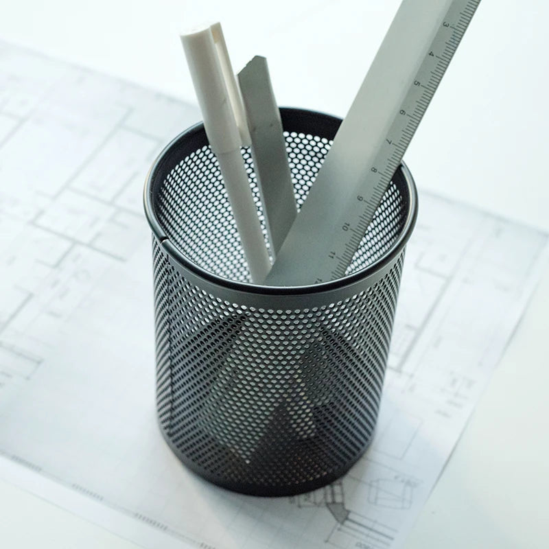 Deli Pencil Holder Office Desk Metal Mesh Square Round Pen Pot Cup Case Container Organiser Durable Pencil Case