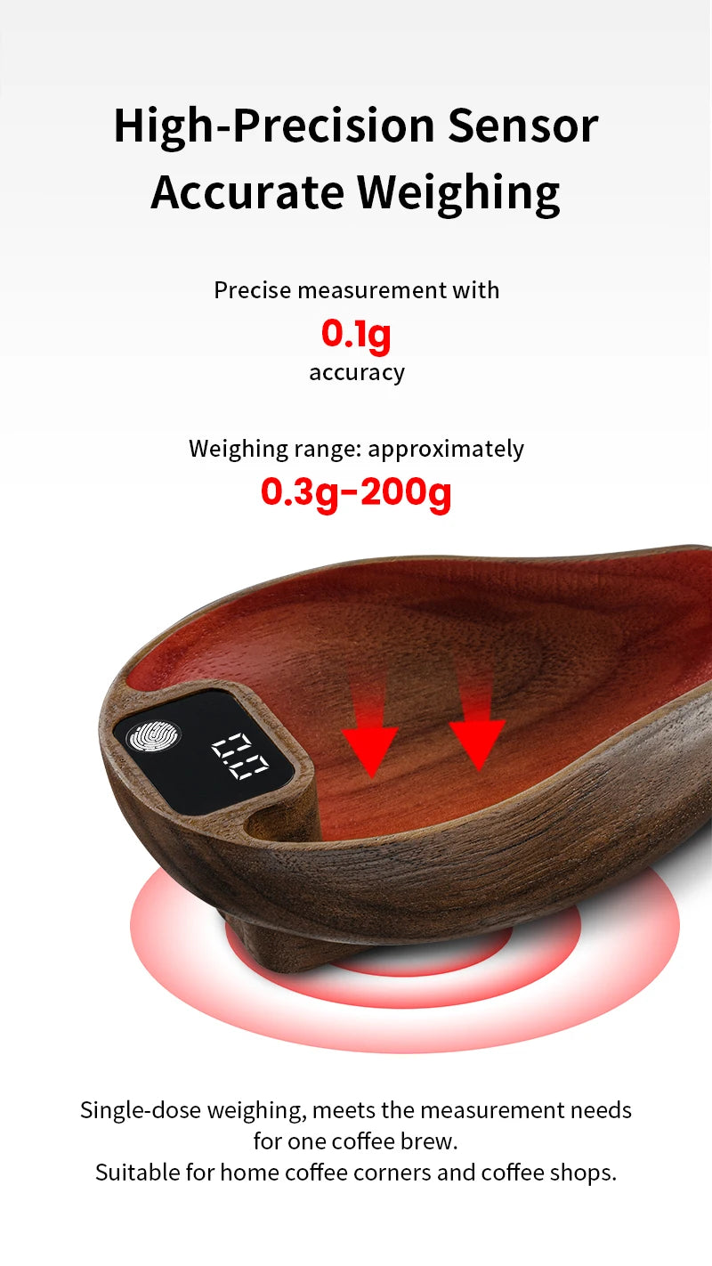 MHW-3BOMBER Coffee Scale Rechargeable Food Kitchen Scale 0.3g Precise Wooden Digital Bean Scale with Spray Bottle Barista Tool