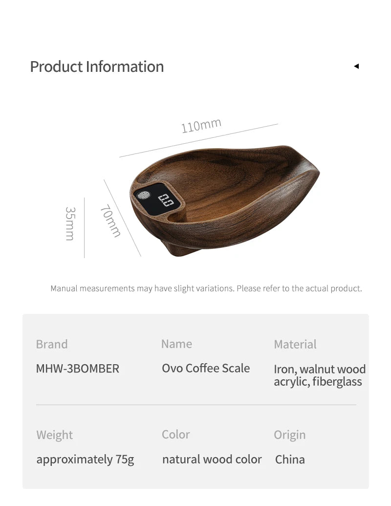 MHW-3BOMBER Coffee Scale Rechargeable Food Kitchen Scale 0.3g Precise Wooden Digital Bean Scale with Spray Bottle Barista Tool