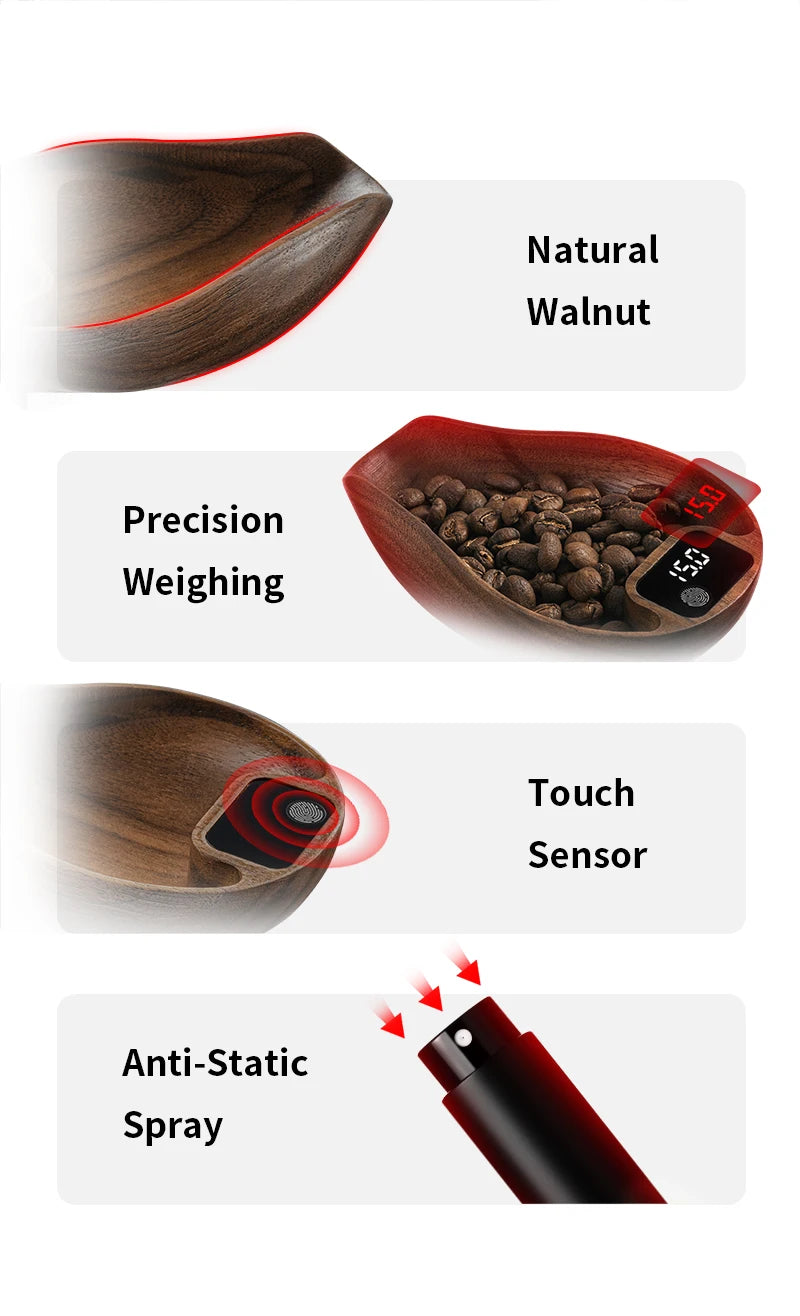 MHW-3BOMBER Coffee Scale Rechargeable Food Kitchen Scale 0.3g Precise Wooden Digital Bean Scale with Spray Bottle Barista Tool