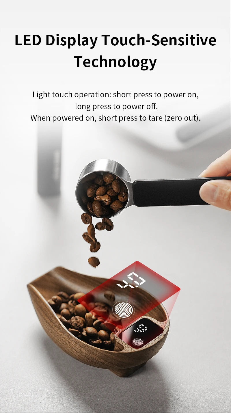 MHW-3BOMBER Coffee Scale Rechargeable Food Kitchen Scale 0.3g Precise Wooden Digital Bean Scale with Spray Bottle Barista Tool