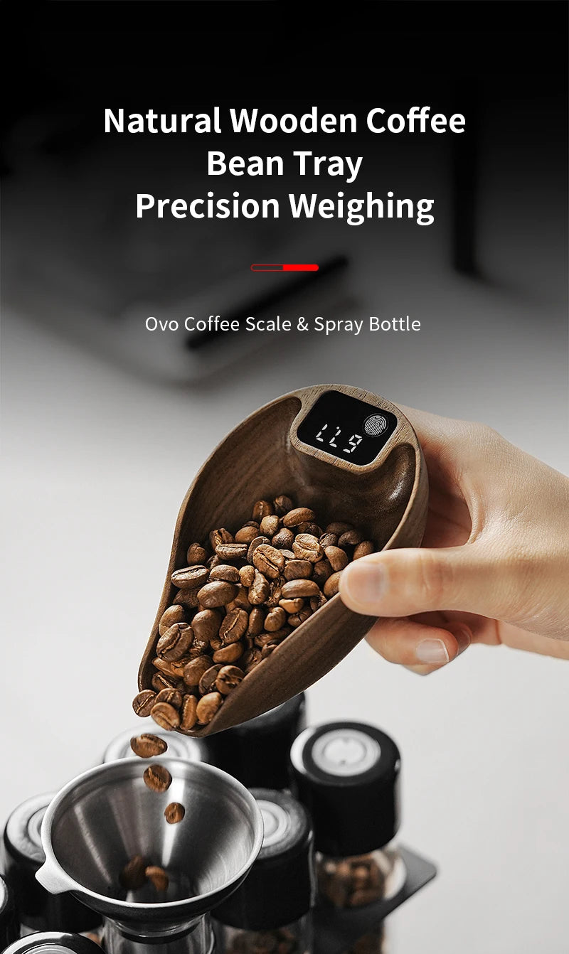 MHW-3BOMBER Coffee Scale Rechargeable Food Kitchen Scale 0.3g Precise Wooden Digital Bean Scale with Spray Bottle Barista Tool
